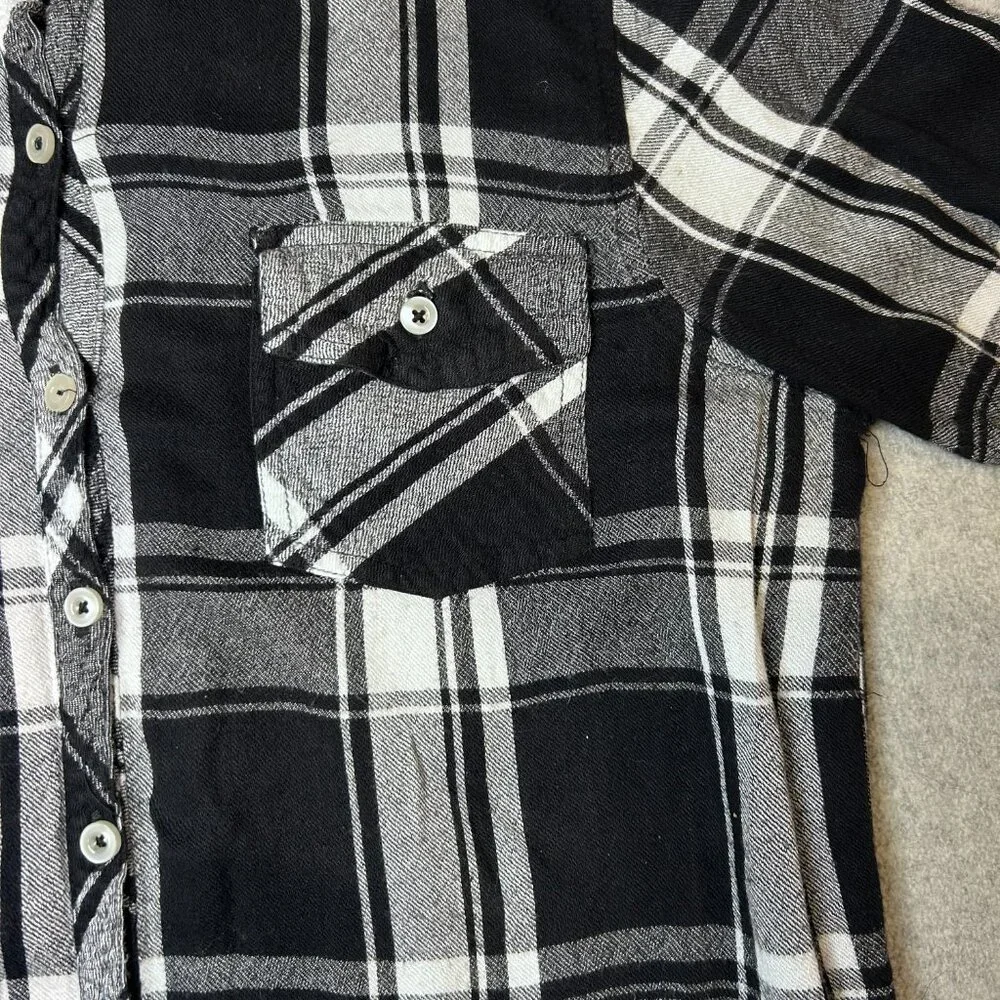 Justice Girls‎ Plaid Button Down Shirt Black White Flannel Long Sleeve Size 18